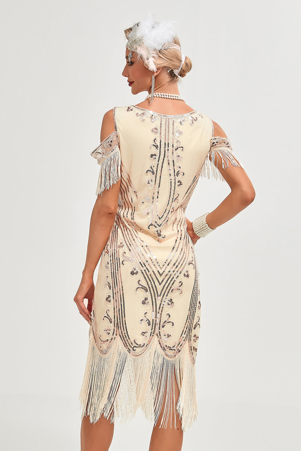 Glitter Champagne kold skulder Pailletter frynser 1920'erne Gatsby kjole med tilbehør sæt
