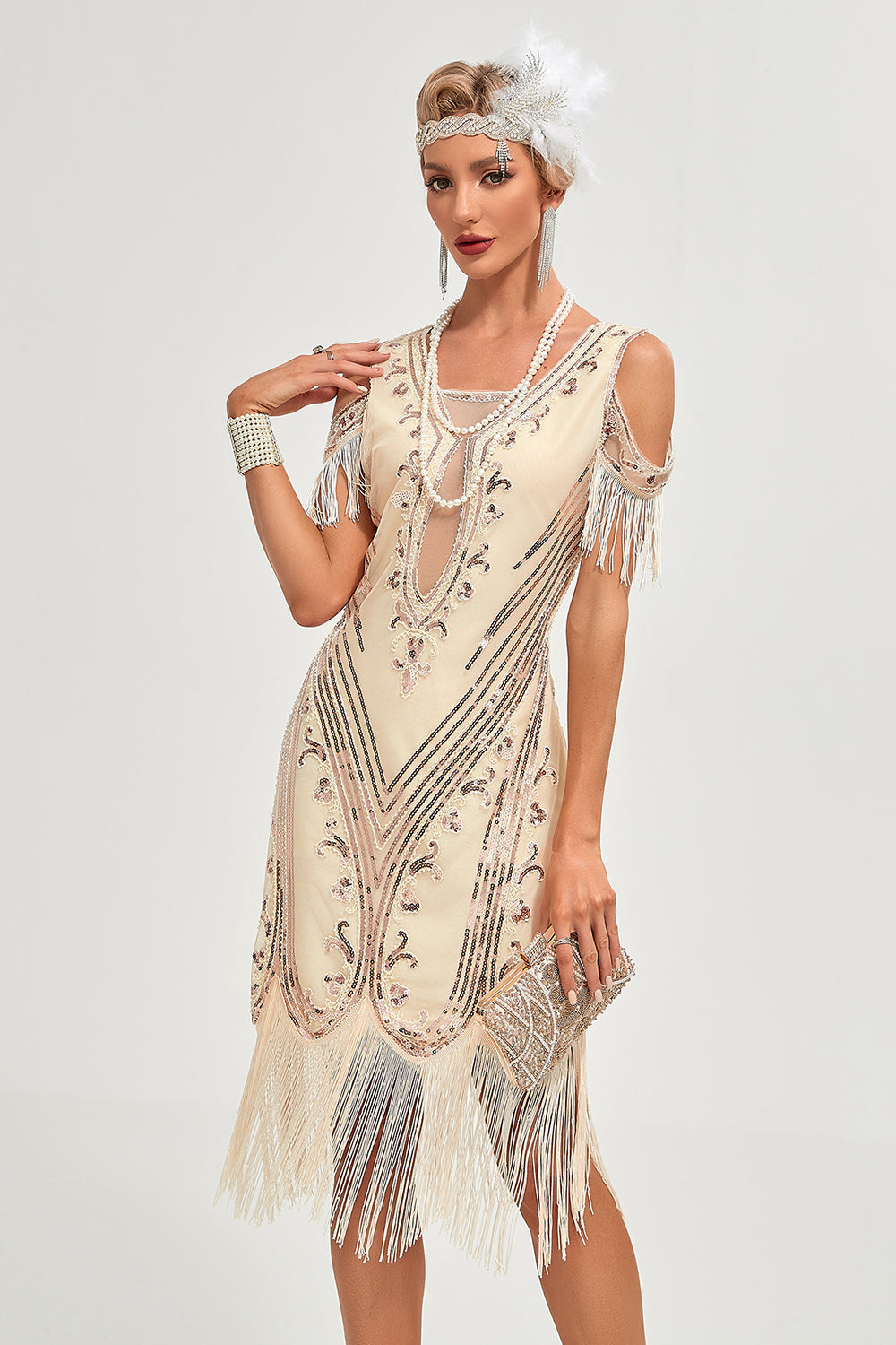 Glitter Champagne kold skulder Pailletter frynser 1920'erne Gatsby kjole med tilbehør sæt