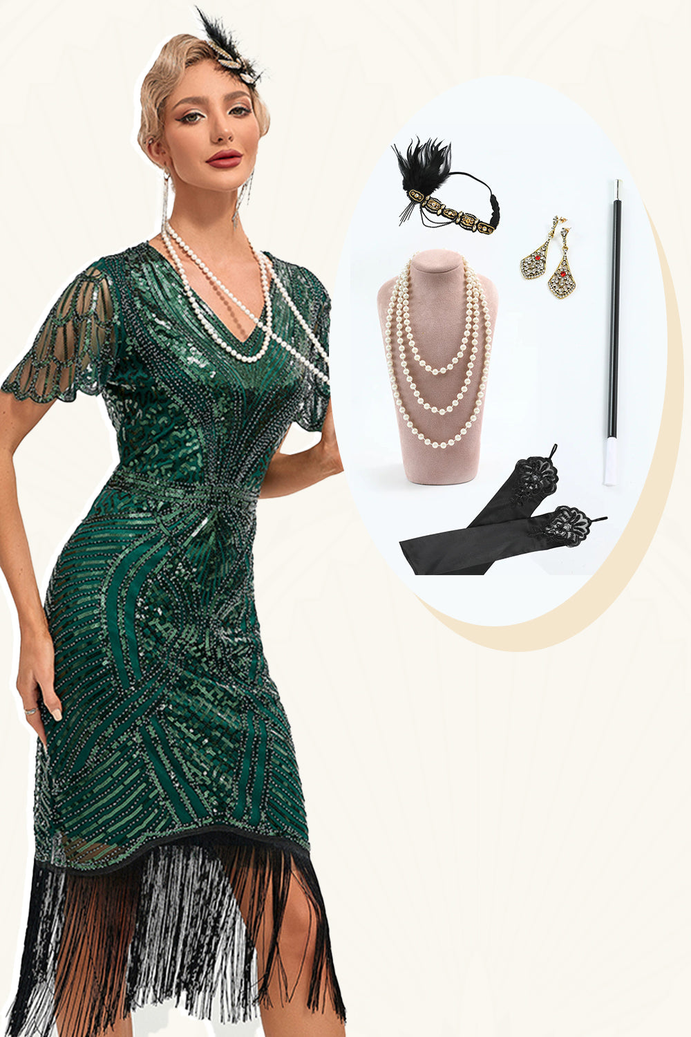 Beading mørkegrøn glitterfrynser Flapper kjole med tilbehør sæt