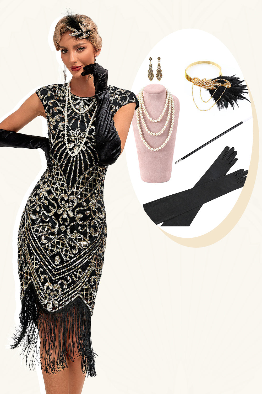 Sparkly frynser sort gylden flapper kjole med tilbehør sæt