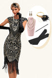 Sparkly frynser sort gylden flapper kjole med tilbehør sæt