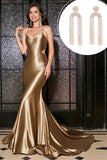 Havfrue Golden Spaghetti Straps Prom Kjole med tilbehør