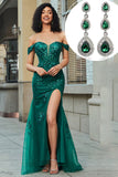 Mørkegrøn Off the Shoulder Appliques Tulle Prom Dress med tilbehør