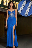 Perle Royal Blue Mermaid Glitter Corset Prom Dress med tilbehør
