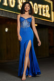 Perle Royal Blue Mermaid Glitter Corset Prom Dress med tilbehør