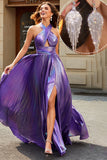 Bedøvelse A Line Halter Neck Purple Long Prom Dress med tilbehør