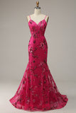 Hot Pink Pailletter Print Havfrue Prom Kjole