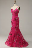 Hot Pink Pailletter Print Havfrue Prom Kjole