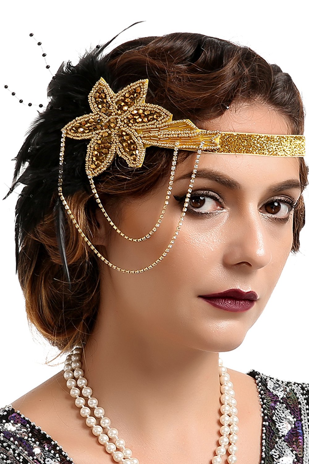 1920'erne Sort og Guld Feather Beaded Pandebånd