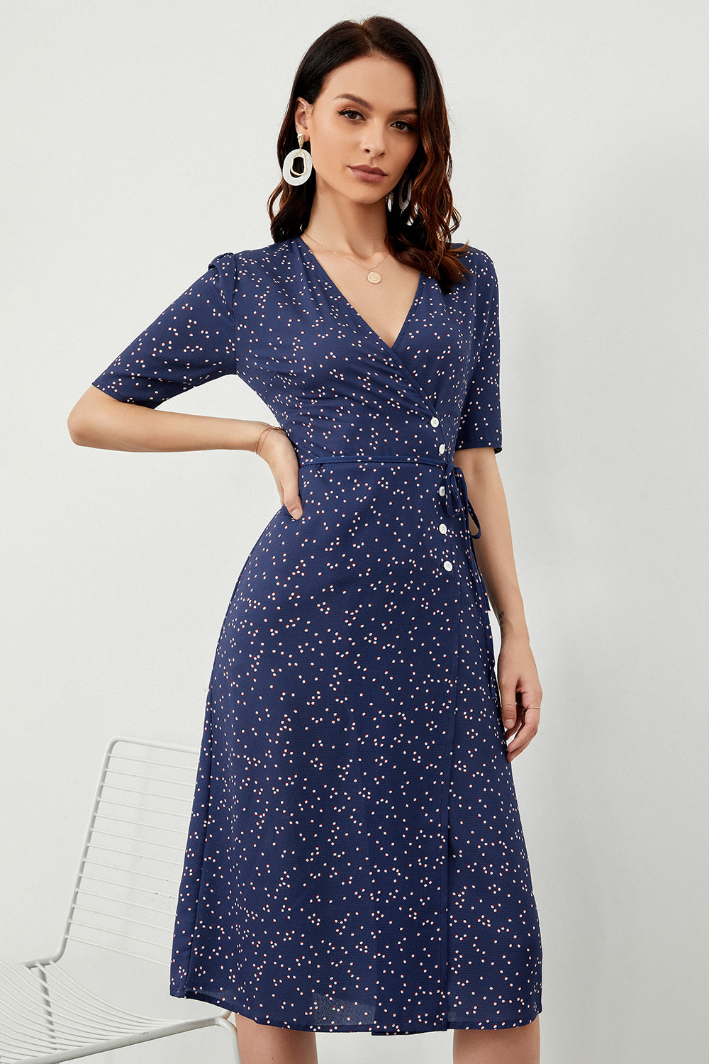 Navy Polka Prikker Midi Sommer Wrap Kjole