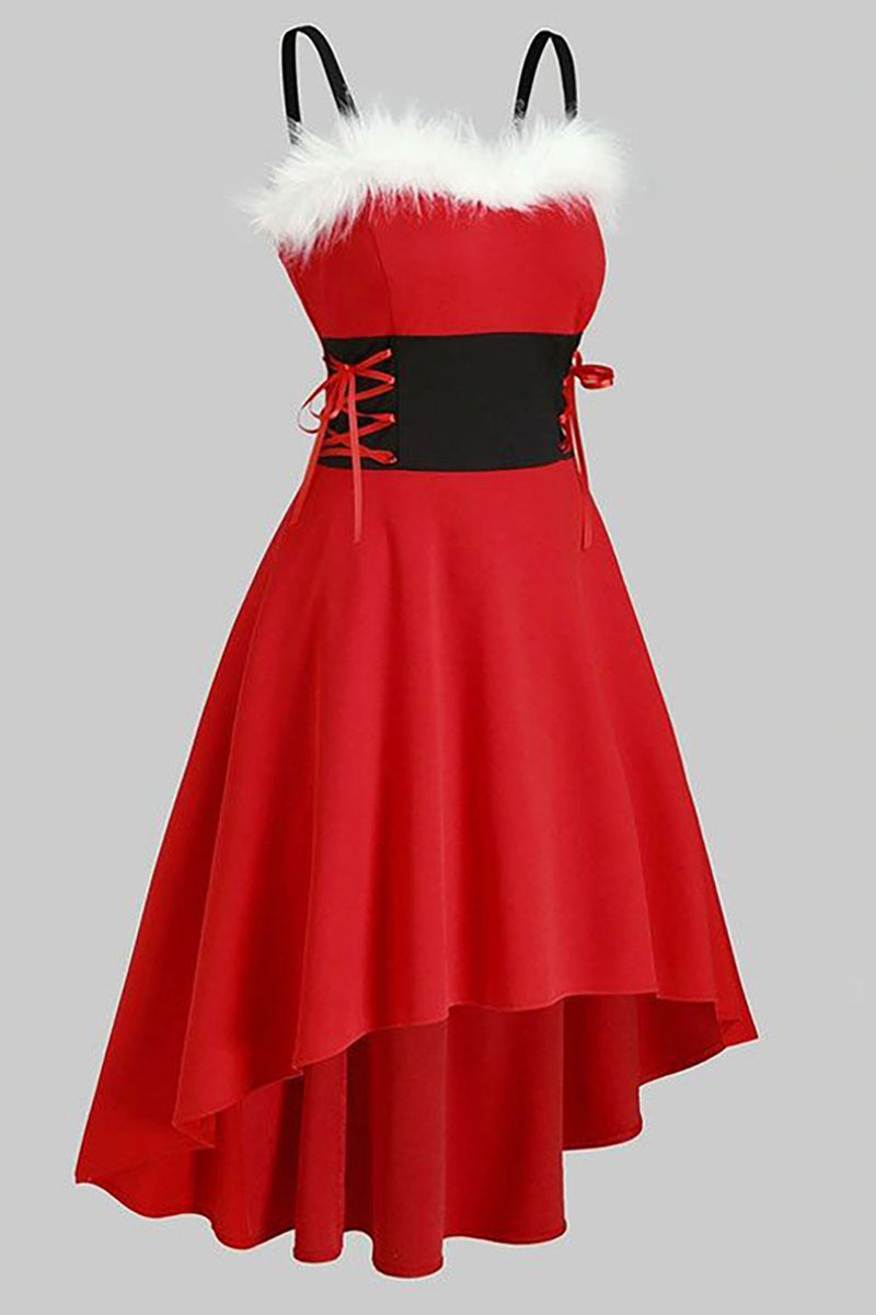 Zapaka Kvinder julefrokost rød høj lav vintage swing kjole med fjer – ZAPAKA