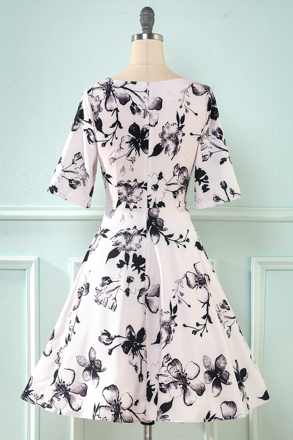 V Hals halv ærmer hvid trykt vintage kjole