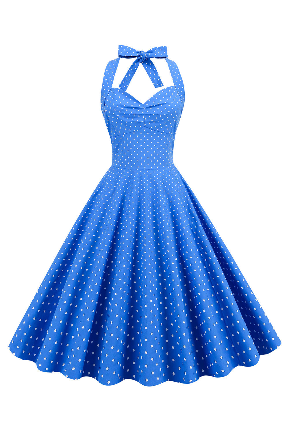 Halter Neck Blå Polka Dots Vintage Kjole med Rygløs