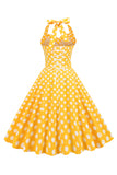 Halter Neck Blå Polka Dots Vintage Kjole med Rygløs