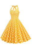 Halter Neck Blå Polka Dots Vintage Kjole med Rygløs