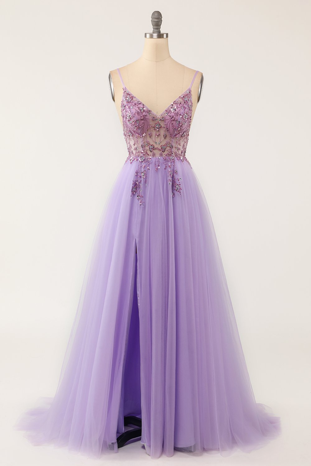 Lilla beaded Tulle Lang Prom Dress