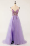 Lilla beaded Tulle Lang Prom Dress