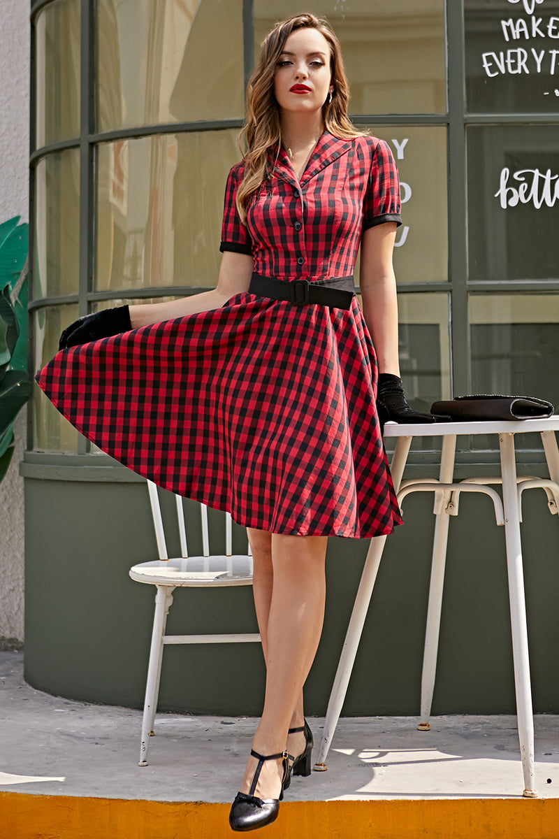 Zapaka Kvinder Vintage Plaid 1950'erne kjole korte ærmer krave gynge fest – ZAPAKA DA