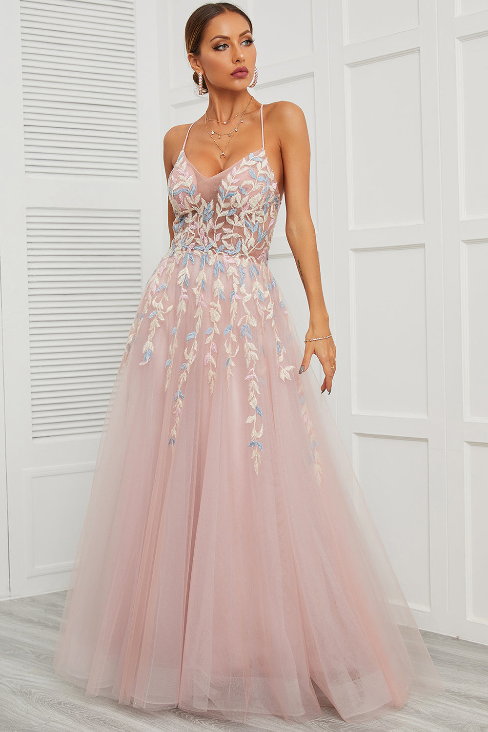 Spaghetti stropper Pink Tulle Prom Kjole