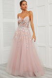 Spaghetti stropper Pink Tulle Prom Kjole