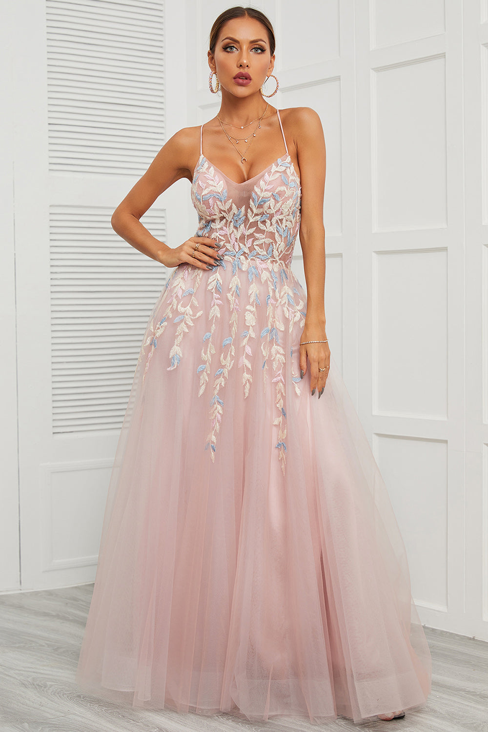 Spaghetti stropper Pink Tulle Prom Kjole