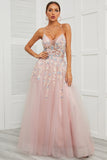 Spaghetti stropper Pink Tulle Prom Kjole
