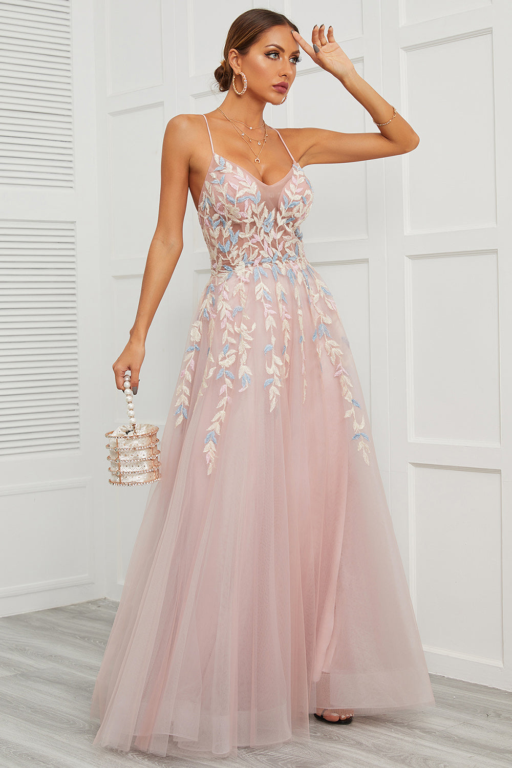 Spaghetti stropper Pink Tulle Prom Kjole
