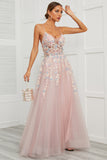Spaghetti stropper Pink Tulle Prom Kjole