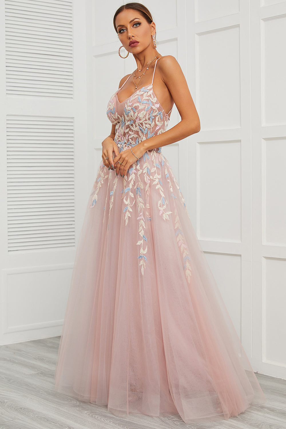 Spaghetti stropper Pink Tulle Prom Kjole