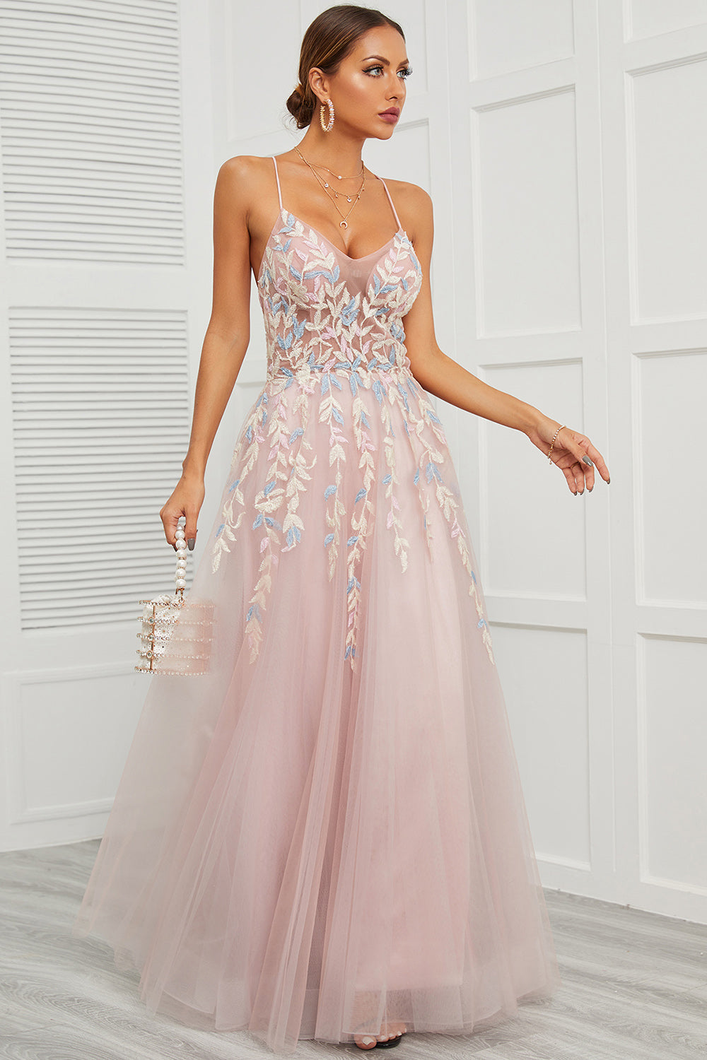 Spaghetti stropper Pink Tulle Prom Kjole