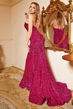 Havfrue en skulder Fuchsia pailletter plus størrelse gallakjole med fejetog