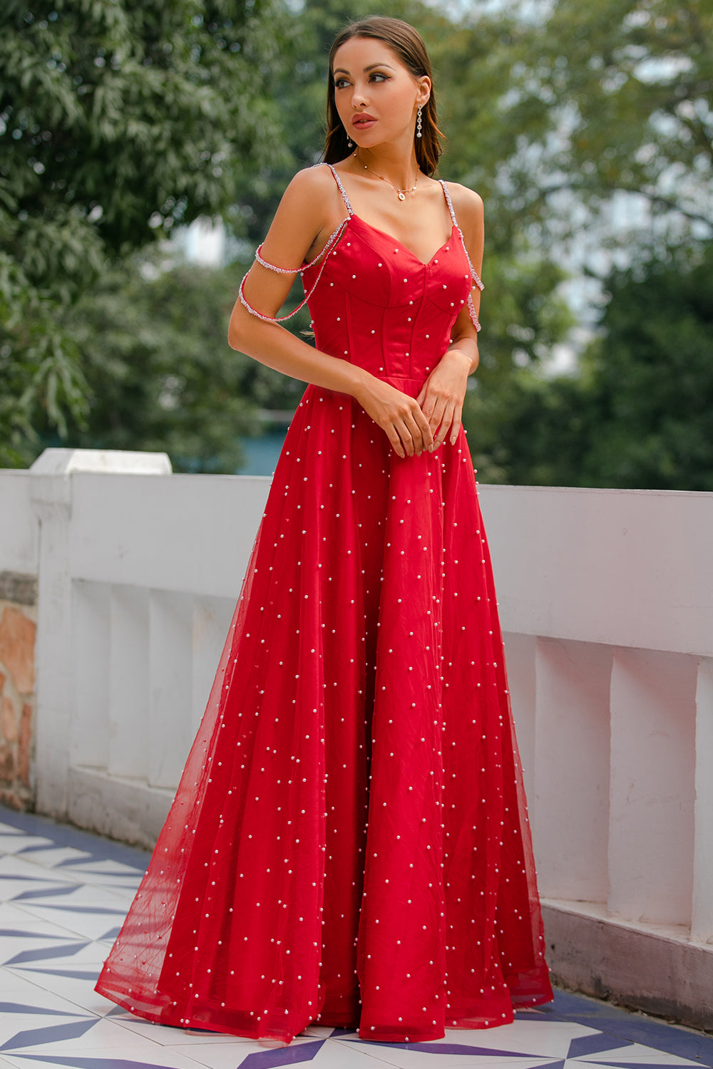 Rød beaded lang prom kjole