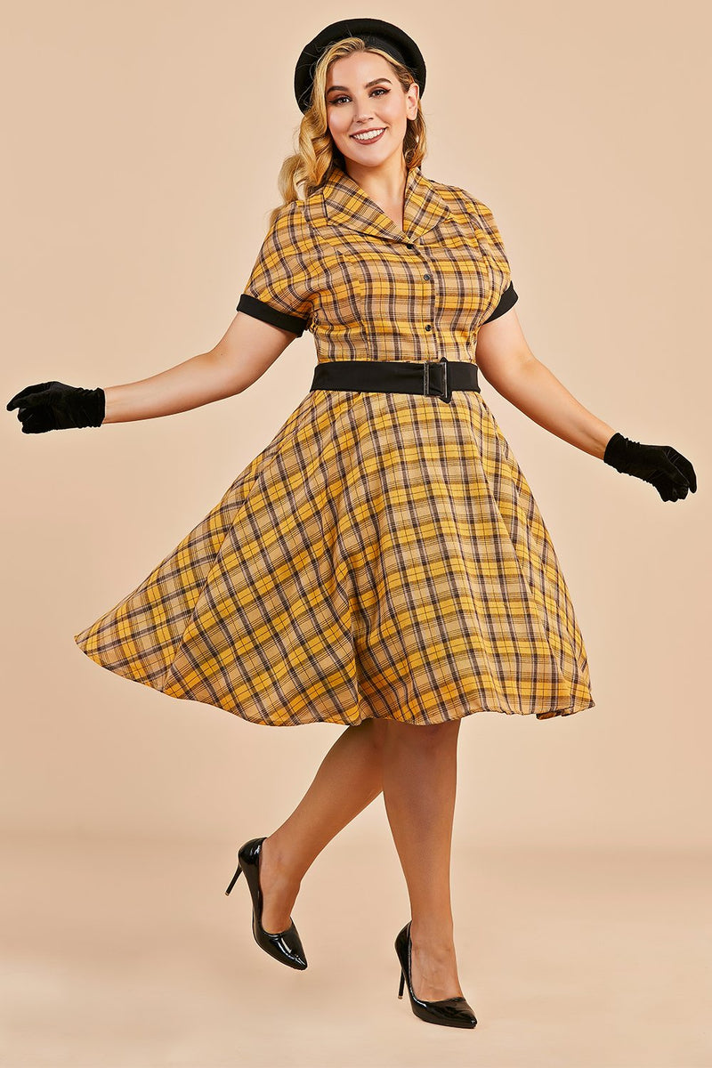 ZAPAKA Kvinders Vintage Dress Gul Plaid A-line V-hals korte ærmer 1950'erne Fall Swing Day med bælte – DA