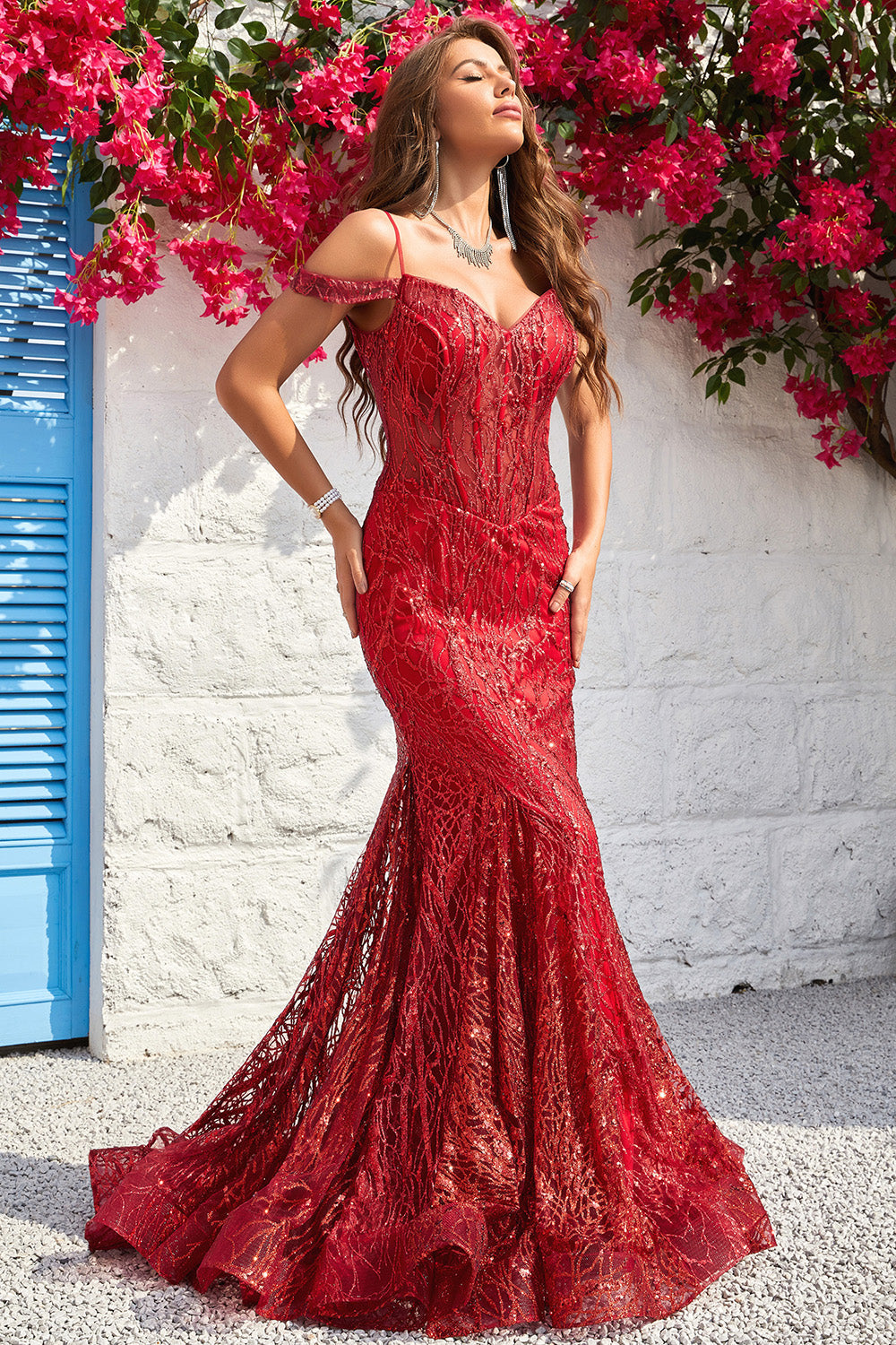 Havfrue fra skulderen Bourgogne korset gallakjole med bronzing