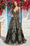 A Line Spaghetti Straps Black Golden Long Prom Dress med Bronzing