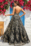A Line Spaghetti Straps Black Golden Long Prom Dress med Bronzing