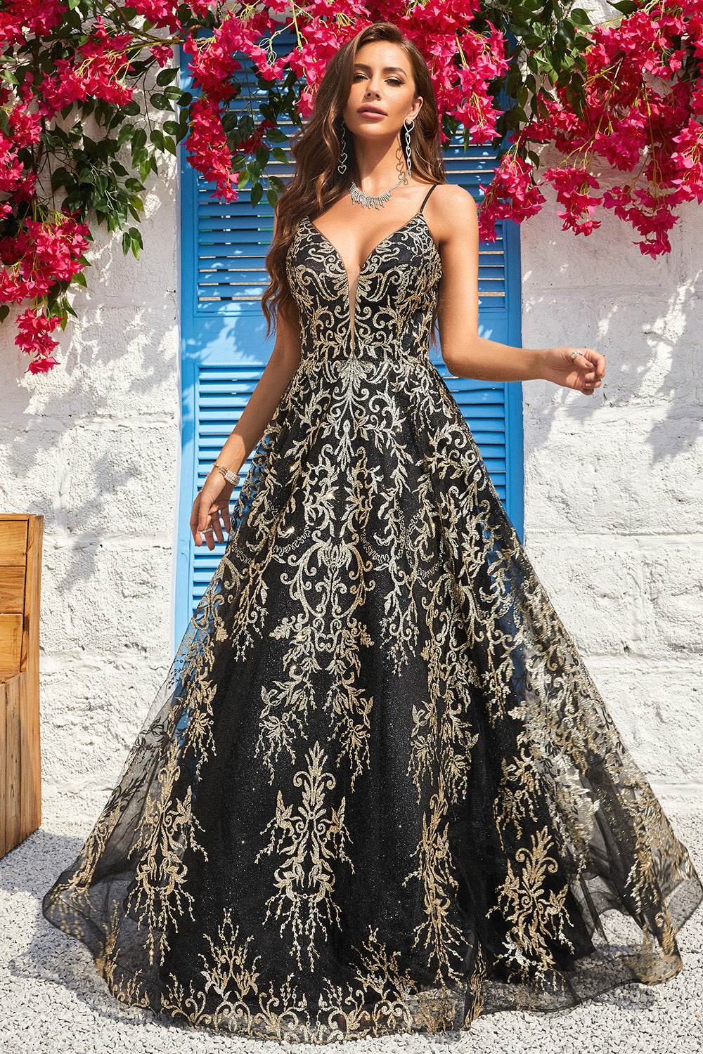 A Line Spaghetti Straps Black Golden Long Prom Dress med Bronzing