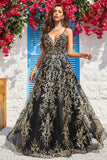 A Line Spaghetti Straps Black Golden Long Prom Dress med Bronzing