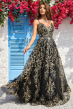 A Line Spaghetti Straps Black Golden Long Prom Dress med Bronzing