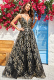 A Line Spaghetti Straps Black Golden Long Prom Dress med Bronzing
