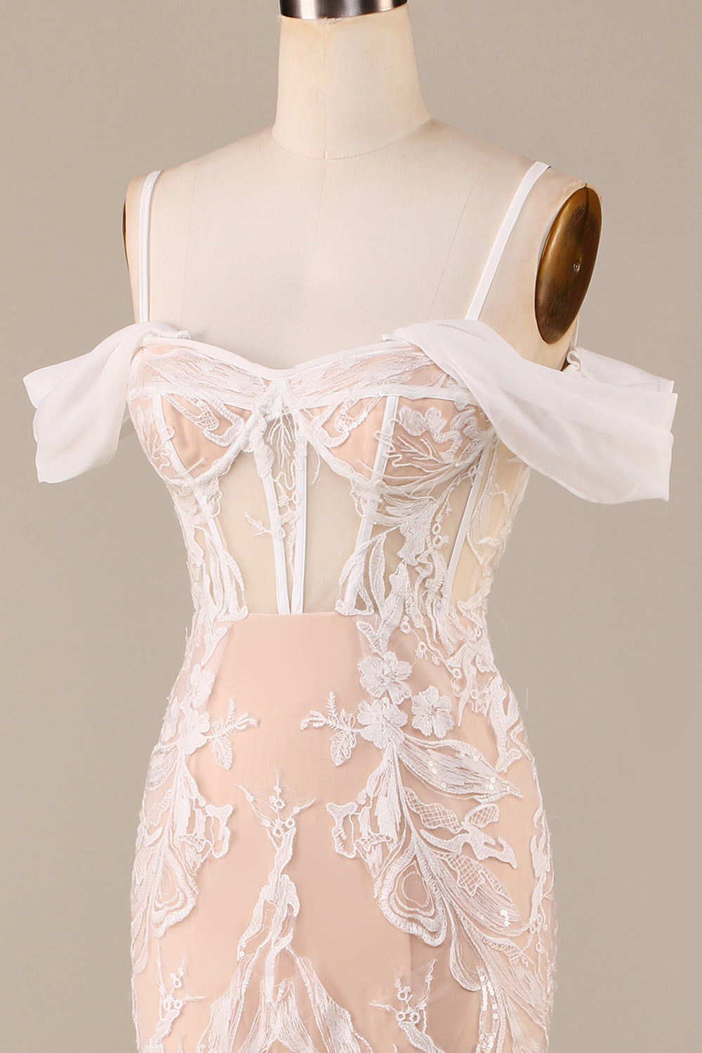 Champagne havfrue lang brudekjole med blonder