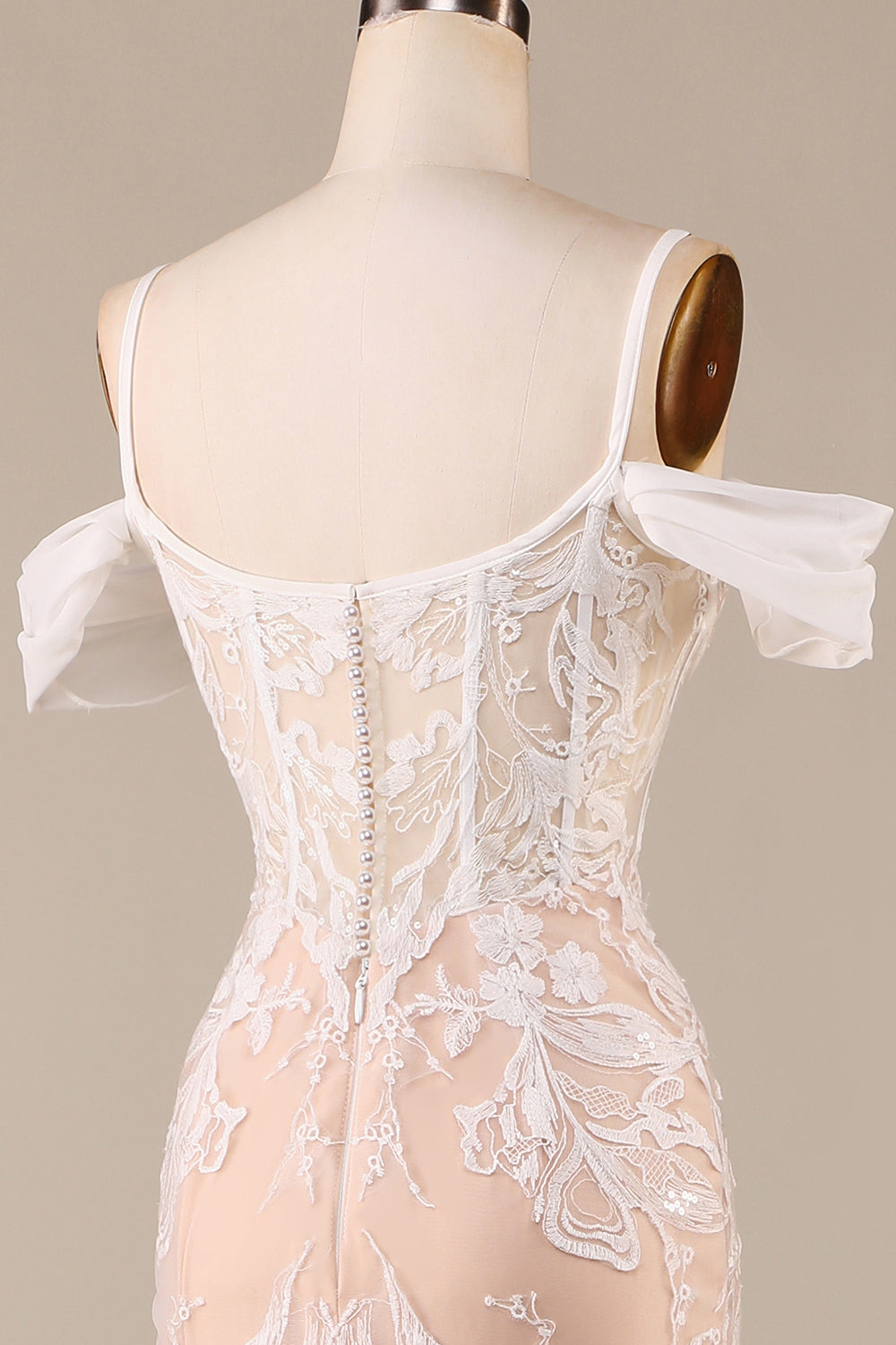 Champagne havfrue lang brudekjole med blonder