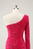 Hot Pink One Shoulder Glitter Pailletter Homecoming Kjole med slids