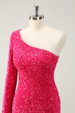 Hot Pink One Shoulder Glitter Pailletter Homecoming Kjole med slids