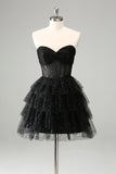 Sparkly Cute A Line Black Sweetheart Tiered Corset Cocktailkjole