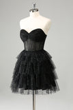 Sparkly Cute A Line Black Sweetheart Tiered Corset Cocktailkjole