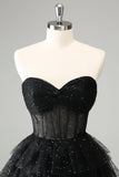 Sparkly A Line Black Sweetheart Tiered Corset Cute Cocktailkjole