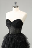 Sparkly A Line Black Sweetheart Tiered Corset Cute Cocktailkjole