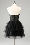 Sparkly Cute A Line Black Sweetheart Tiered Corset Cocktailkjole