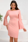 Bodycon Pink Midi Cocktail Kjole med Rund Hals Med Lange Ærmer